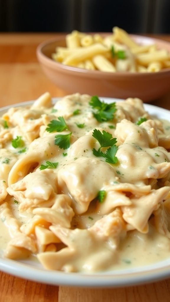 Creamy garlic Parmesan chicken served on a plate, garnished with parsley, with a bowl of pasta in the background.